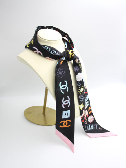 Chanel 100 Silk Twilly Cc Mark Scarf In Black