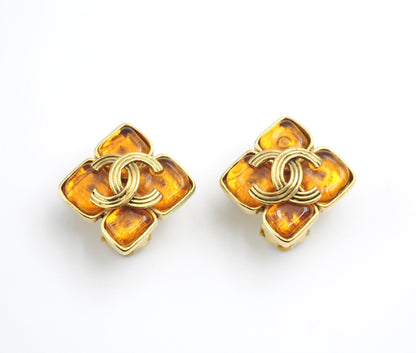 Chanel Vintage 94A Orange Glass Gold-Plated Rhombus Cc Earrings