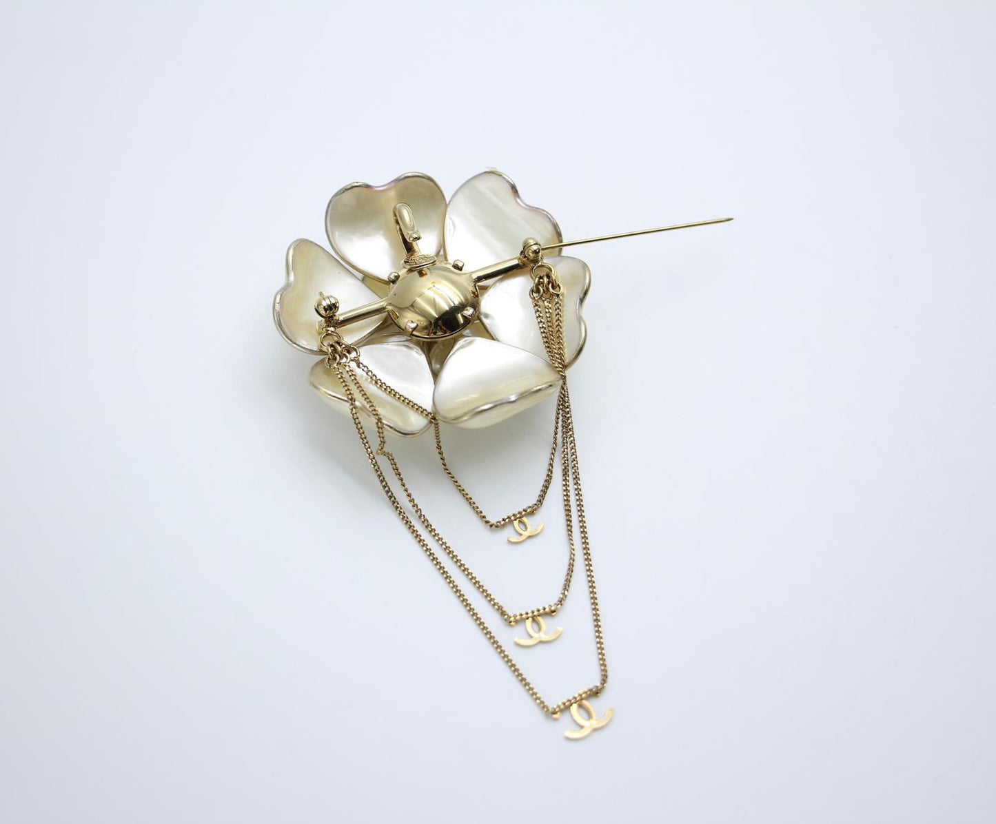 Chanel Vintage 02A Imitation Pearl White Camellia Three Cc Brooch