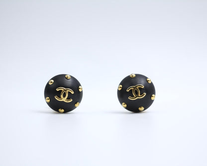 Chanel Vintage 96C Resin Black Gold Dot Earrings