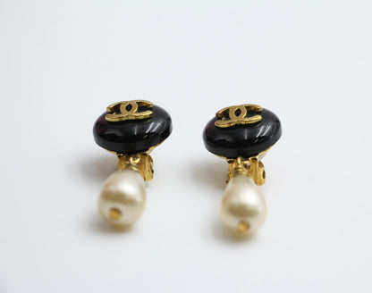 Chanel Vintage 95P Resin Black Bean Imitation Pearl Earrings