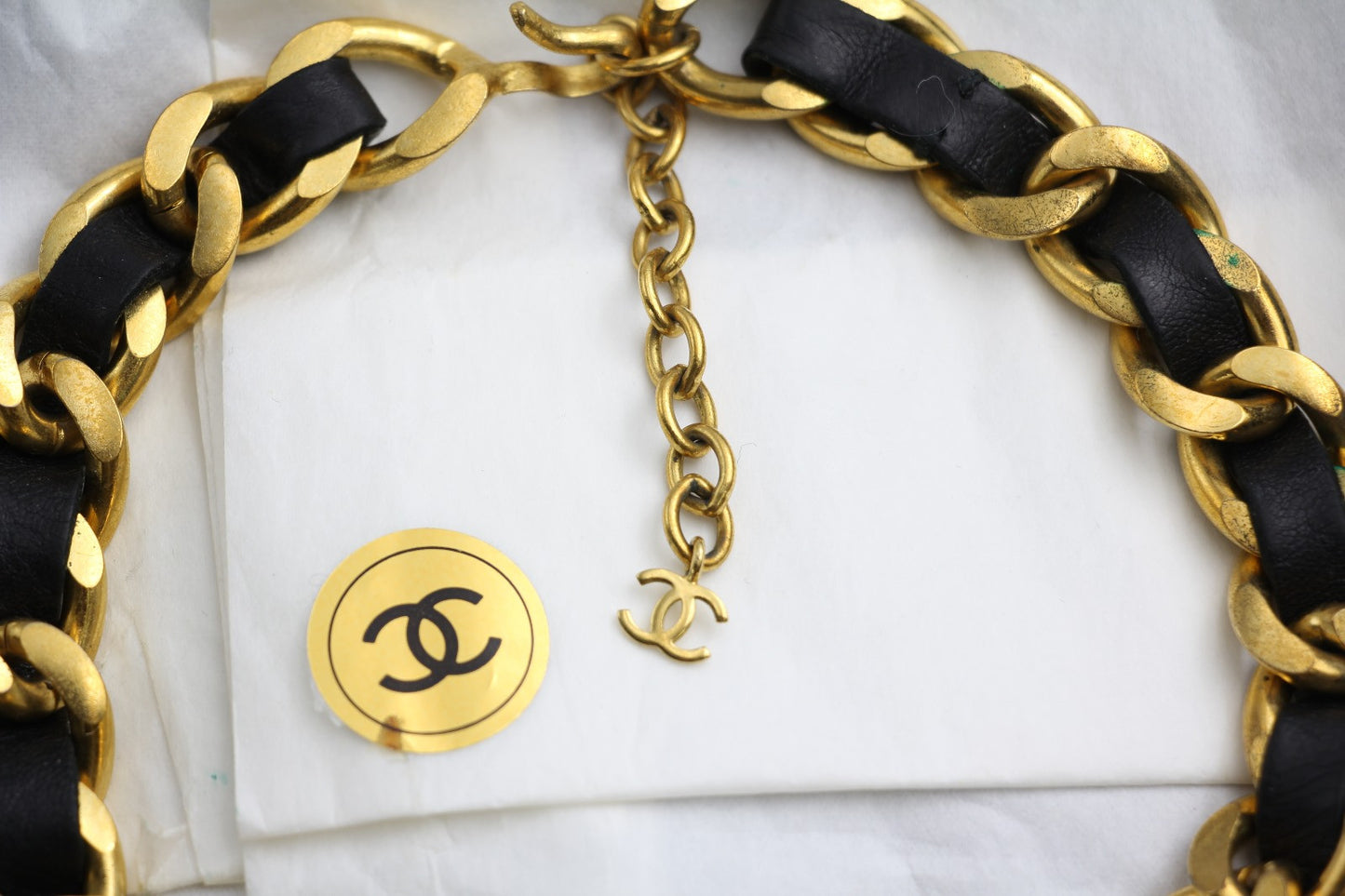 Chanel Vintage 95P Black Gold Leather Chain Gold Plated Necklace