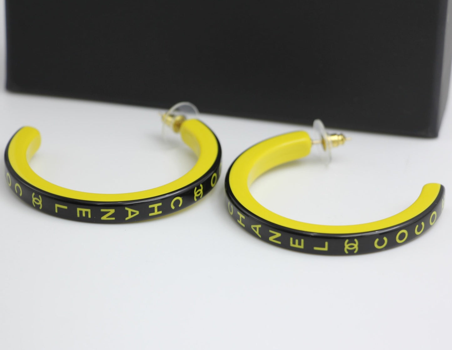 Chanel 22S Resin Banana Yellow English Word Hoop Large Earrings