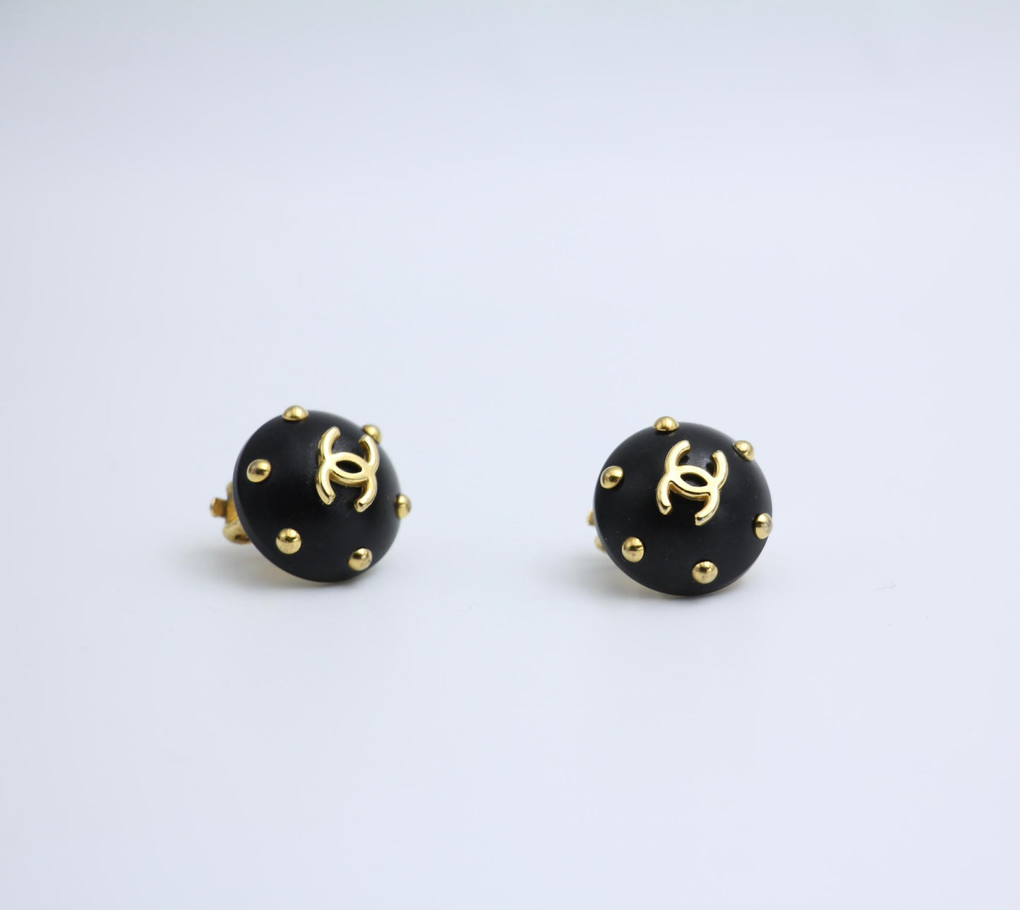 Chanel Vintage 96C Resin Black Gold Dot Earrings