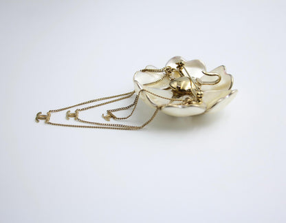 Chanel Vintage 02A Imitation Pearl White Camellia Three Cc Brooch