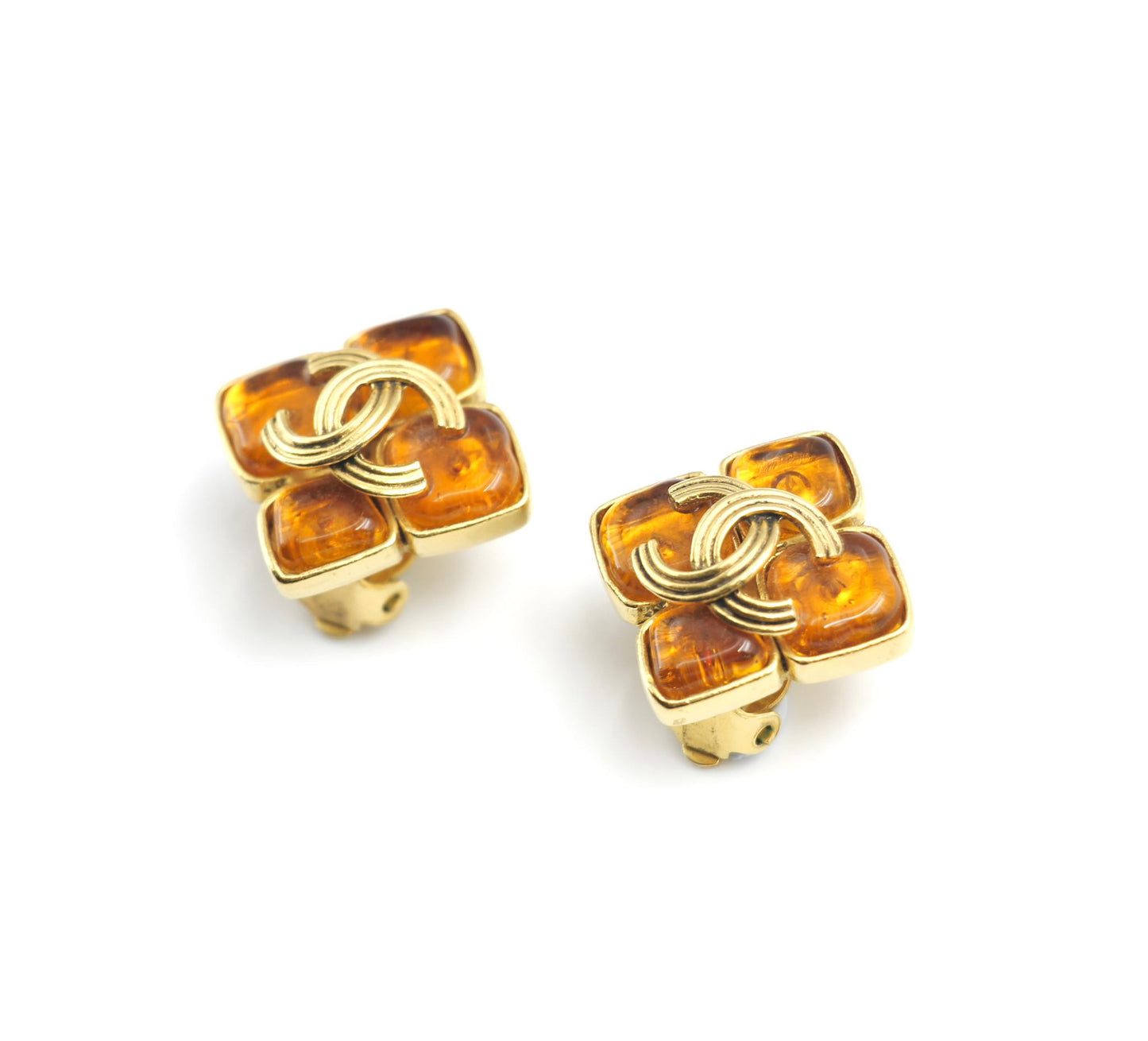 Chanel Vintage 94A Orange Glass Gold-Plated Rhombus Cc Earrings