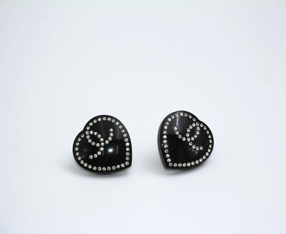 Chanel Vintage 09C Rhinestone Resin Black Heart Cc Earrings