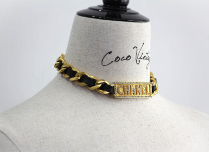 Chanel Vintage 95P Black Gold Leather Chain Gold Plated Necklace