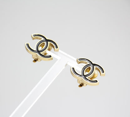 Chanel Vintage 03A Enamel Classic Black Cc Earrings