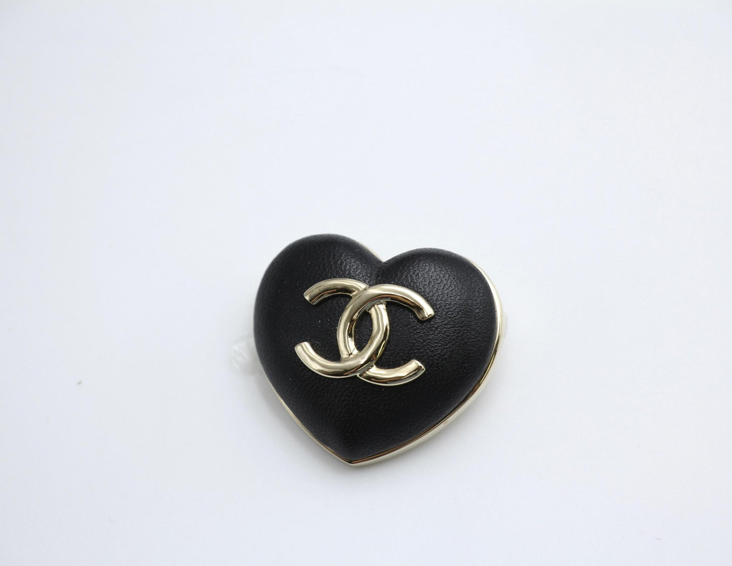 Chanel Vintage 22K Light Gold Metal And Black Leather Heart Brooch