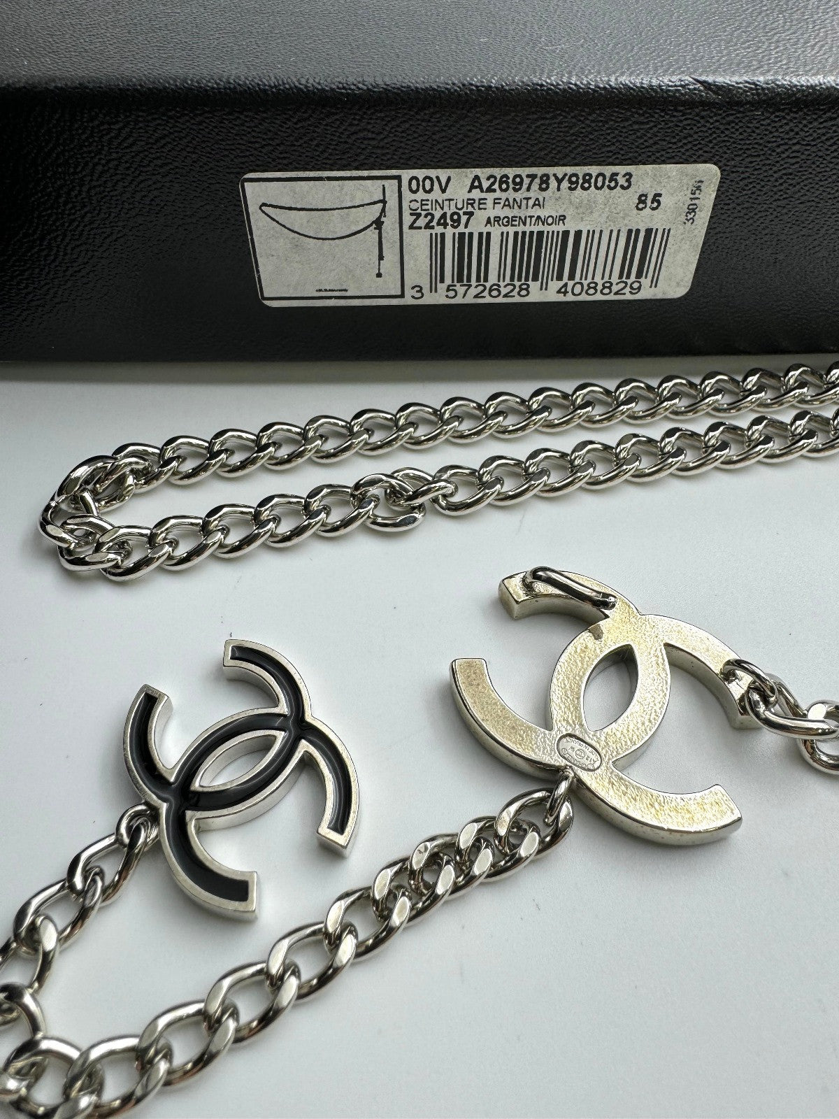 Chanel Vintage A12 Enamel Black Silver Metal Waist Chain Neck Chain