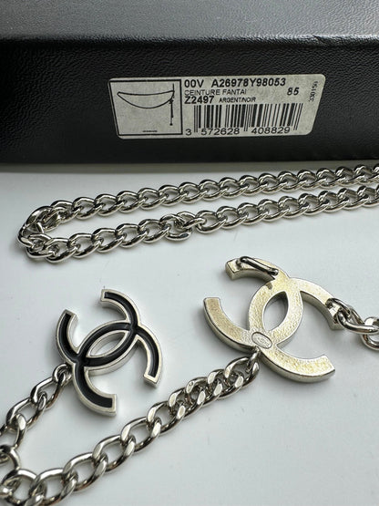 Chanel Vintage A12 Enamel Black Silver Metal Waist Chain Neck Chain