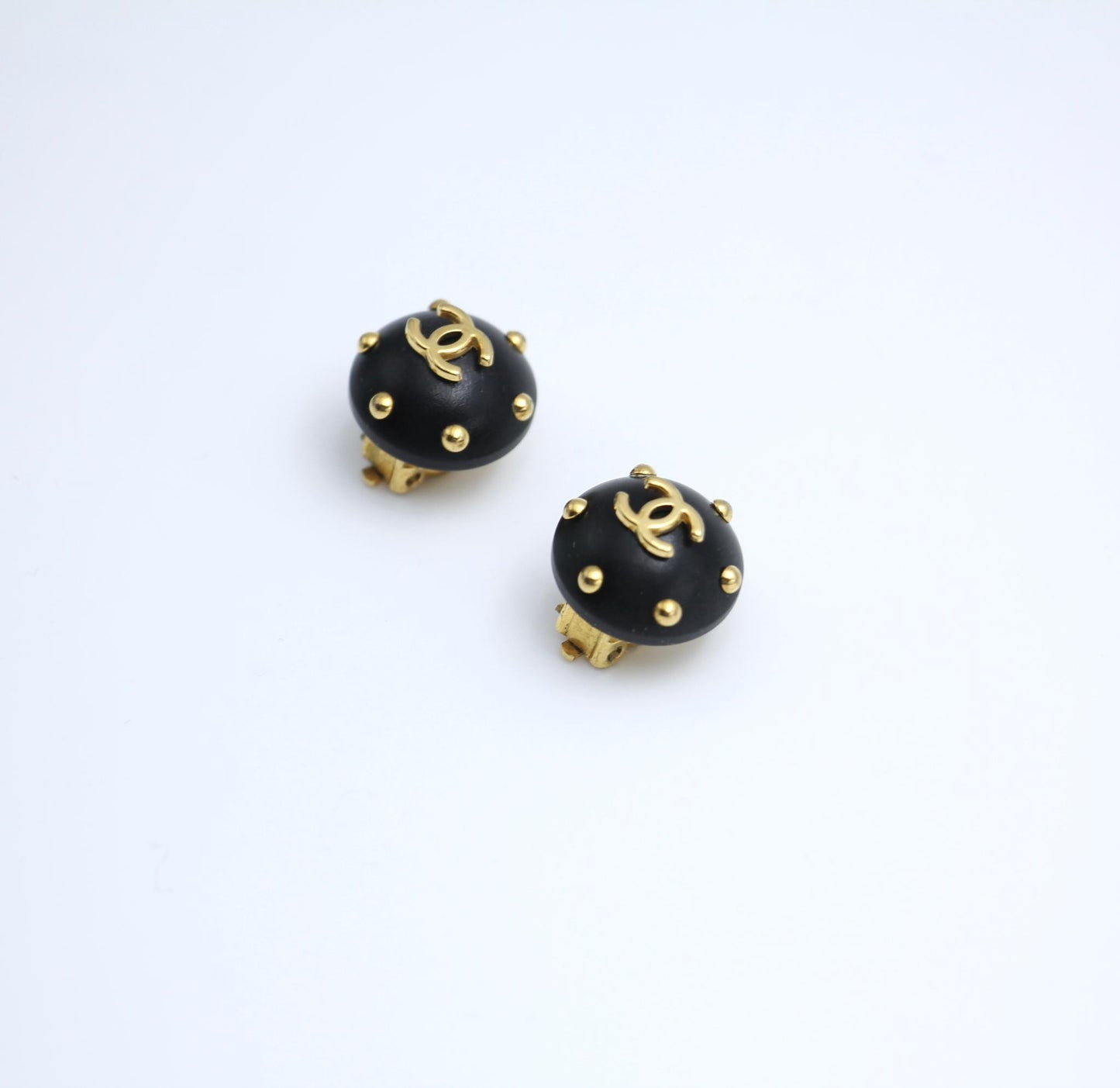 Chanel Vintage 96C Resin Black Gold Dot Earrings