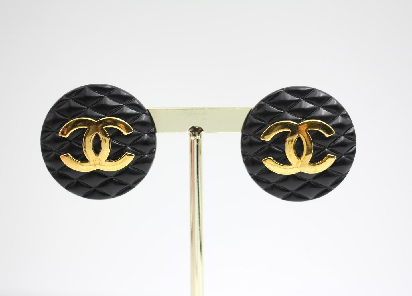 Chanel Vintage 91 Resin Rhombus Shape Bright Black Gold Large Earrings