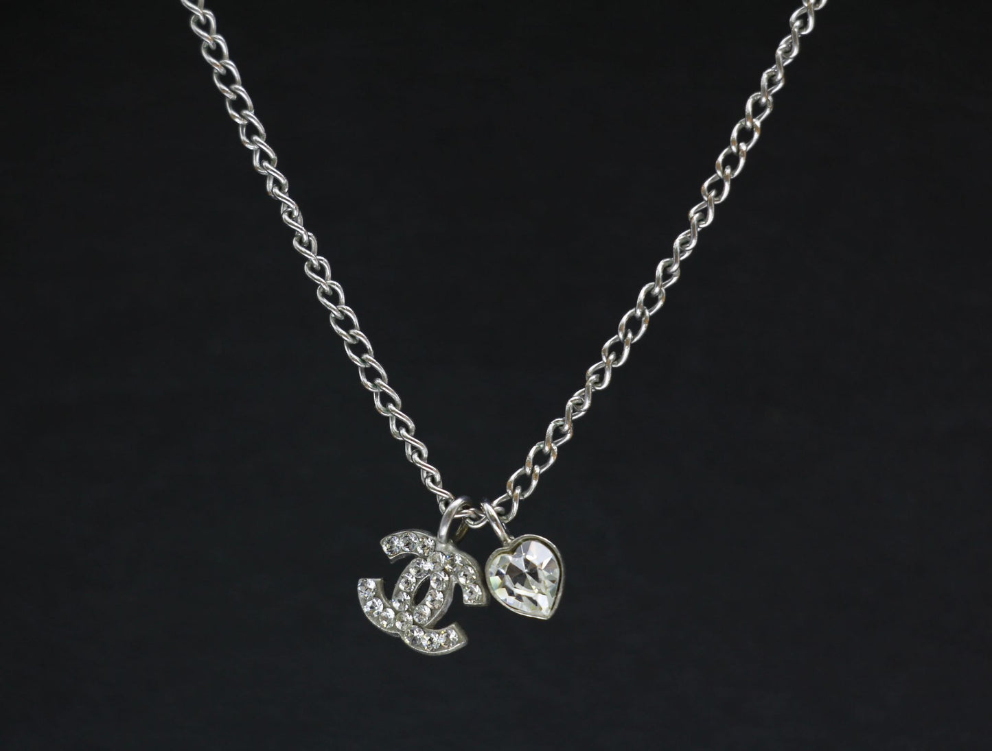 Chanel Vintage 06P Rhinestone Silver Heart-Shaped Necklace