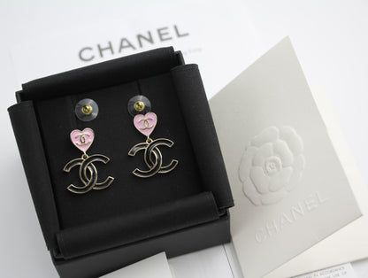 Chanel 24A Metal Pink Heart X Black Cc Dangle Earrings