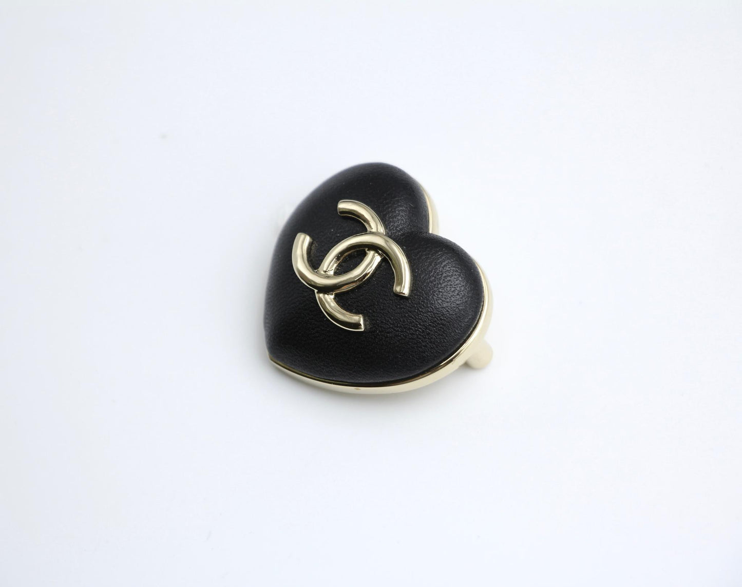 Chanel Vintage 22K Light Gold Metal And Black Leather Heart Brooch