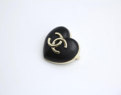 Chanel Vintage 22K Light Gold Metal And Black Leather Heart Brooch