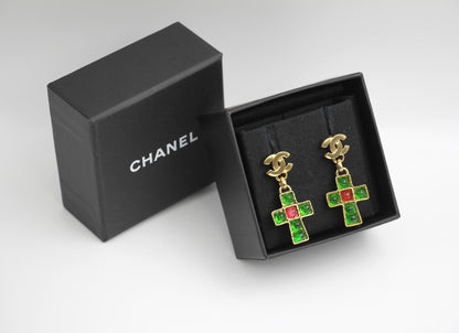 Chanel Vintage 02P Green And Red Glass Gold-Plated Cross Earrings