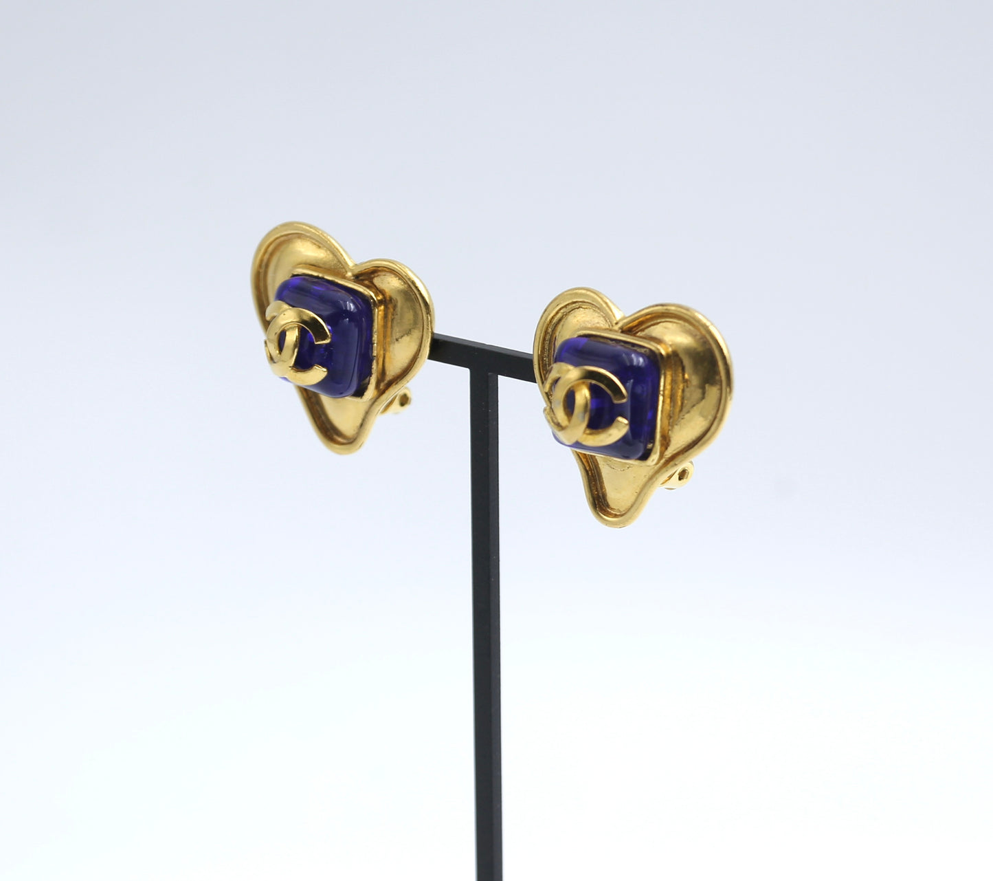 Chanel Vintage 95P Sapphire Blue Glazed Gold-Plated Love Earrings