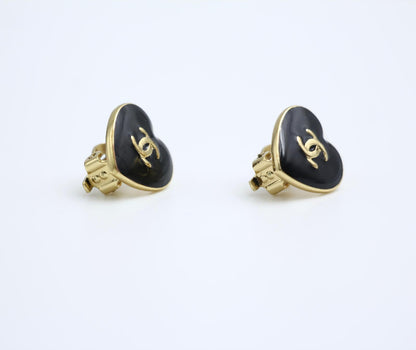 Chanel Vintage 04A Enamel Black Love Thin Cc Earrings