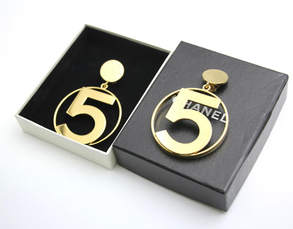 Chanel Vintage 87 Gold Plated Giant No 5 Clip-On Earrings