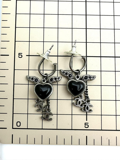 Chanel Vintage 09C Rhinestone Black Heart Angel Wing Earrings