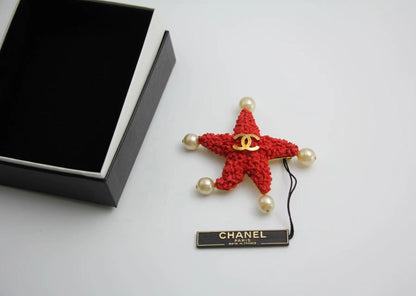 Chanel Vintage 93C Red Lava Imitation Pearls Gold Plated Brass Cc Starfish Brooc