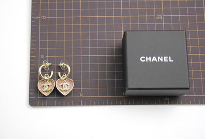 Chanel 23P Rhinestone Peach Pink Double-Sided Love Pendant Earrings