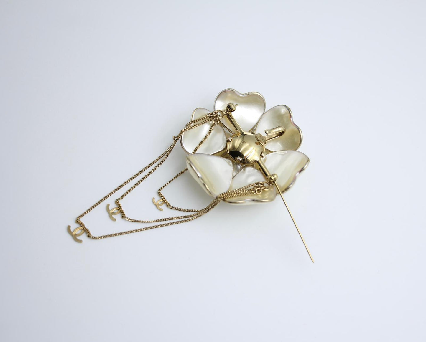 Chanel Vintage 02A Imitation Pearl White Camellia Three Cc Brooch