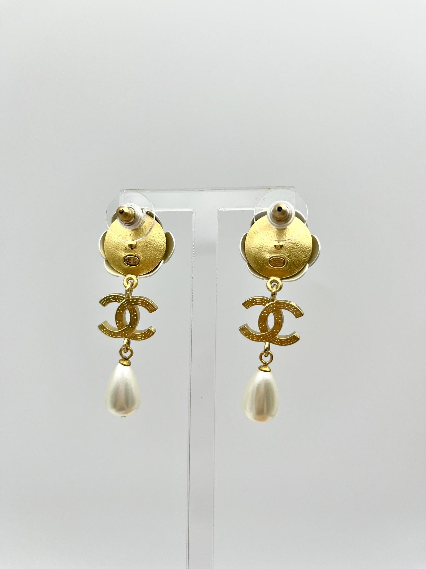 Chanel A20 Metal Rhinestone Imitation Pearl Camellia Earrings