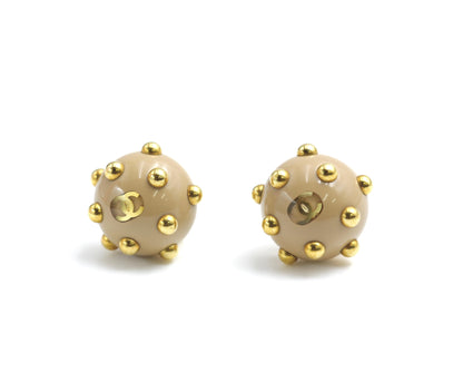 Chanel Vintage 00A Resin Khaki Brown Gold Dot Earrings