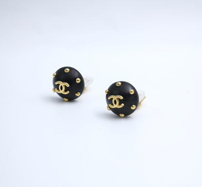 Chanel Vintage 96C Resin Black Gold Dot Earrings