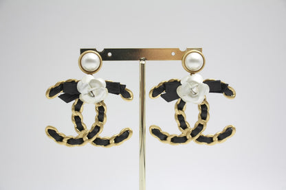 Chanel 20A Metal Leather Bow Camellia Earrings