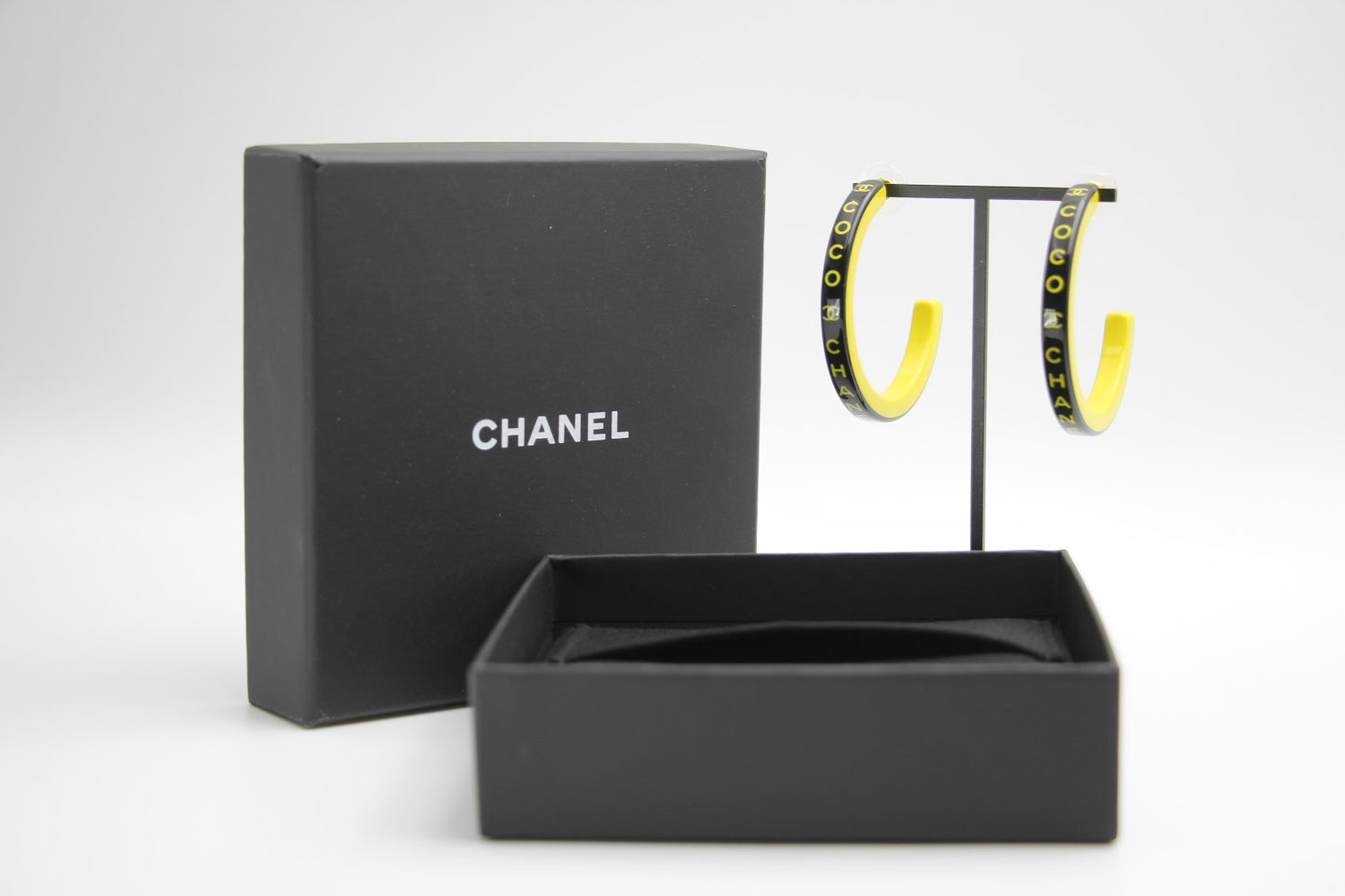 Chanel 22S Resin Banana Yellow English Word Hoop Large Earrings