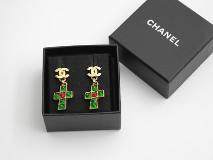 Chanel Vintage 02P Green And Red Glass Gold-Plated Cross Earrings