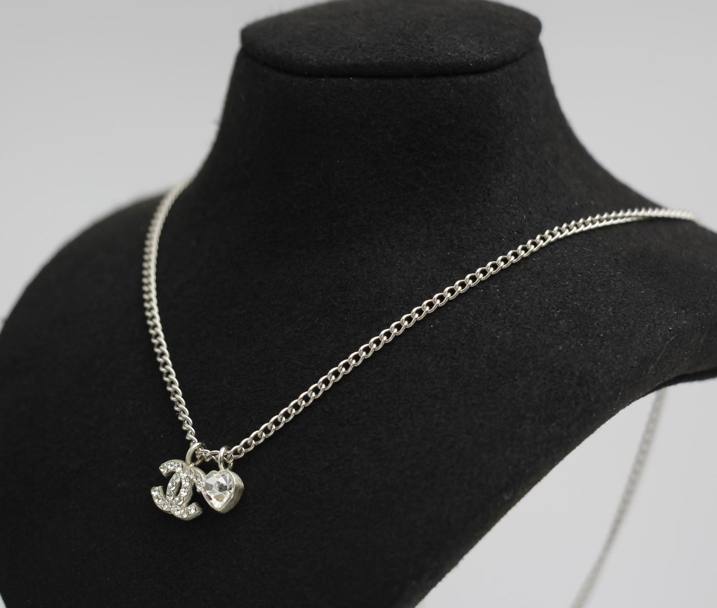 Chanel Vintage 05P Rhinestone Silver Heart Necklace