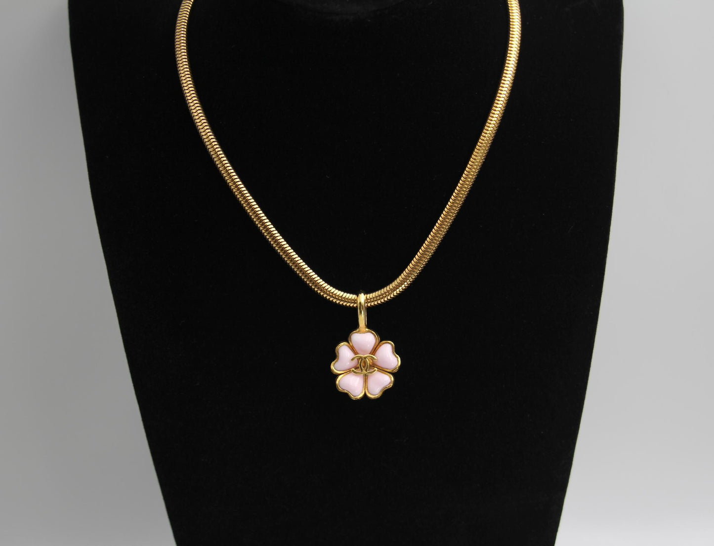 Chanel Vintage 97P Glazed Pink Camellia Pendant Necklace