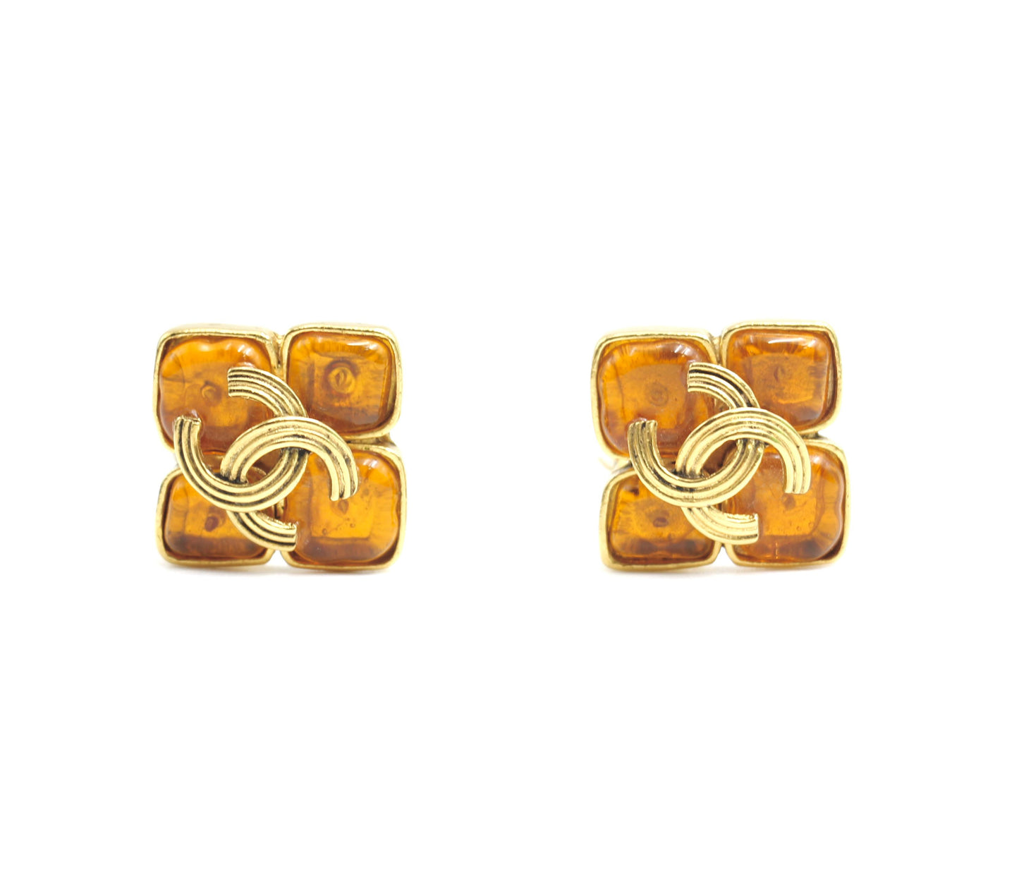 CHANEL Chanel Vintage 94A Orange Glass Gold-Plated Rhombus Cc Earrings - Onesize Fashion Jewellery - Used fashion item from Wararni