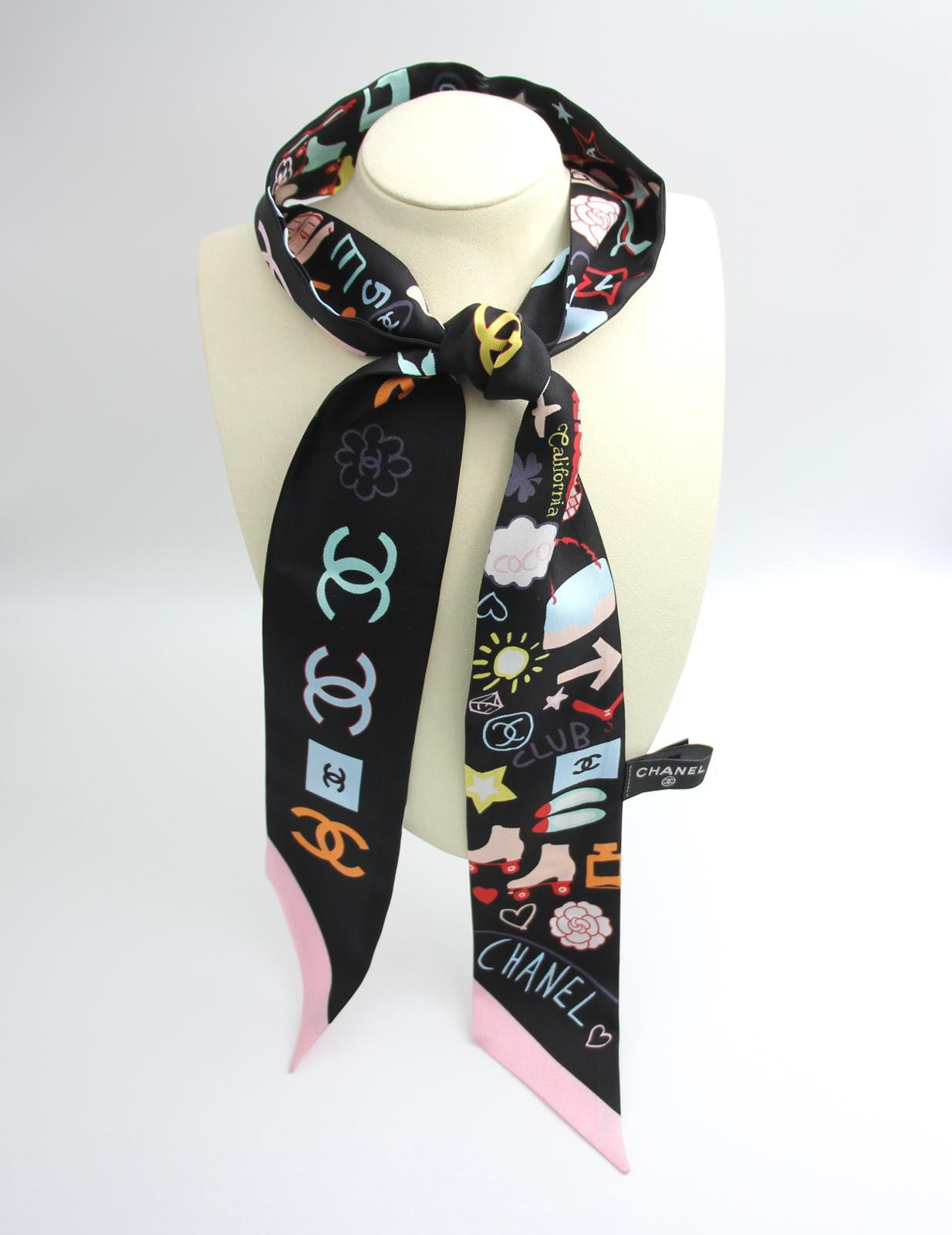 Chanel 100 Silk Twilly Cc Mark Scarf In Black