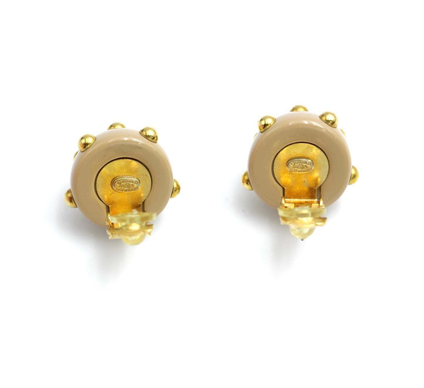 Chanel Vintage 00A Resin Khaki Brown Gold Dot Earrings