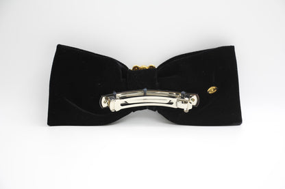 Chanel Vintage 81 85 Years Black Velvet Rhinestone Gold Plated Cc Bow Hairpin