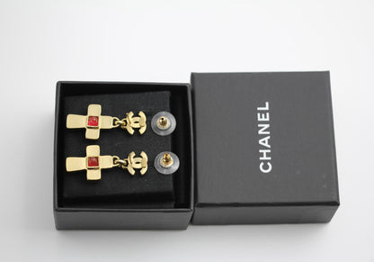 Chanel Vintage 02P Green And Red Glass Gold-Plated Cross Earrings