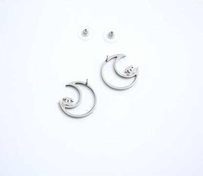 Chanel 17K Rhinestone Moon Silver Earrings