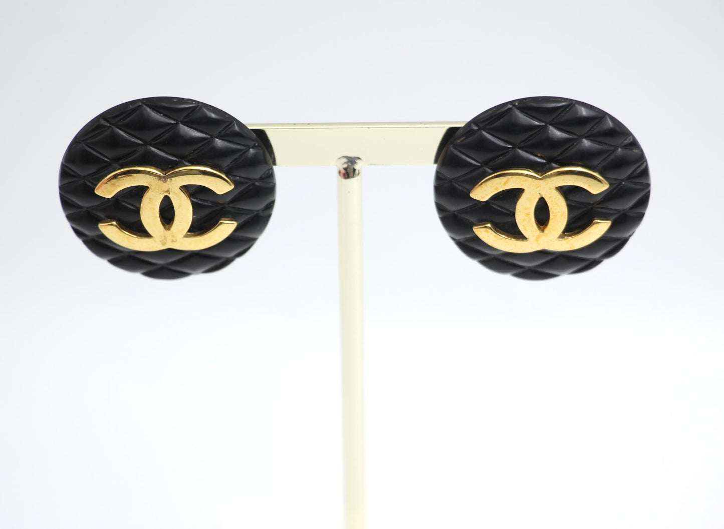 Chanel Vintage 91 Resin Rhombus Shape Bright Black Gold Large Earrings