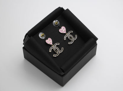 Chanel 24A Metal Pink Heart X Black Cc Dangle Earrings