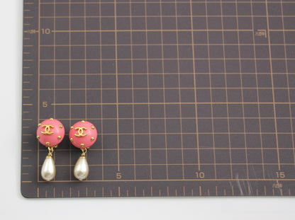 Chanel Vintage 96C Imitation Pearl Resin Rouge Pink Bean Earrings