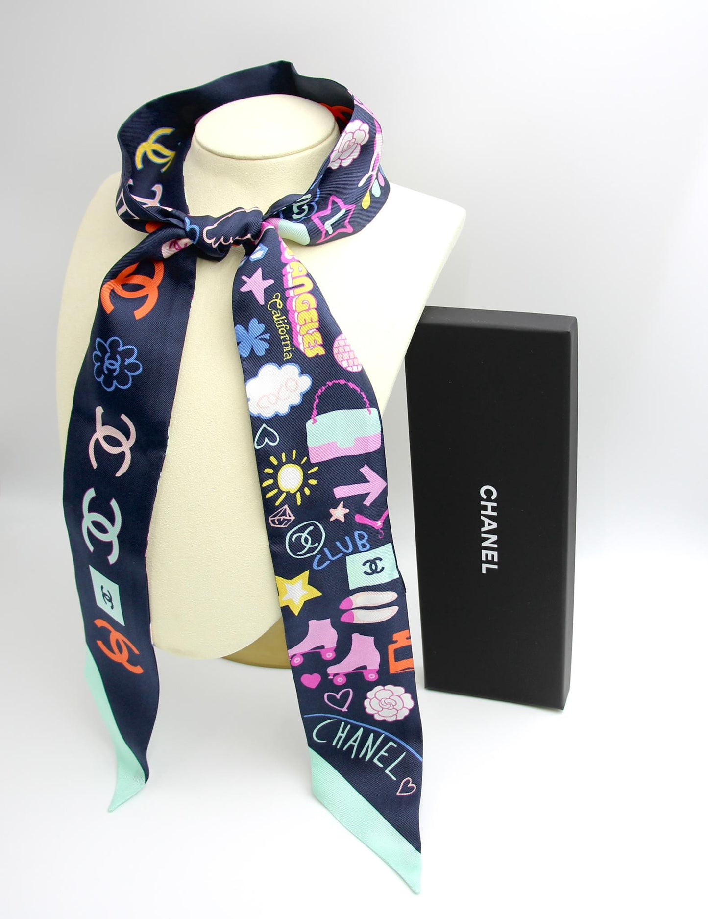 Chanel 100 Silk Twilly Cc Mark Scarf In Navy Blue