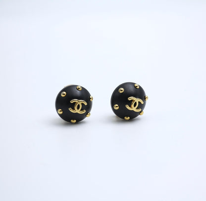 Chanel Vintage 96C Resin Black Gold Dot Earrings