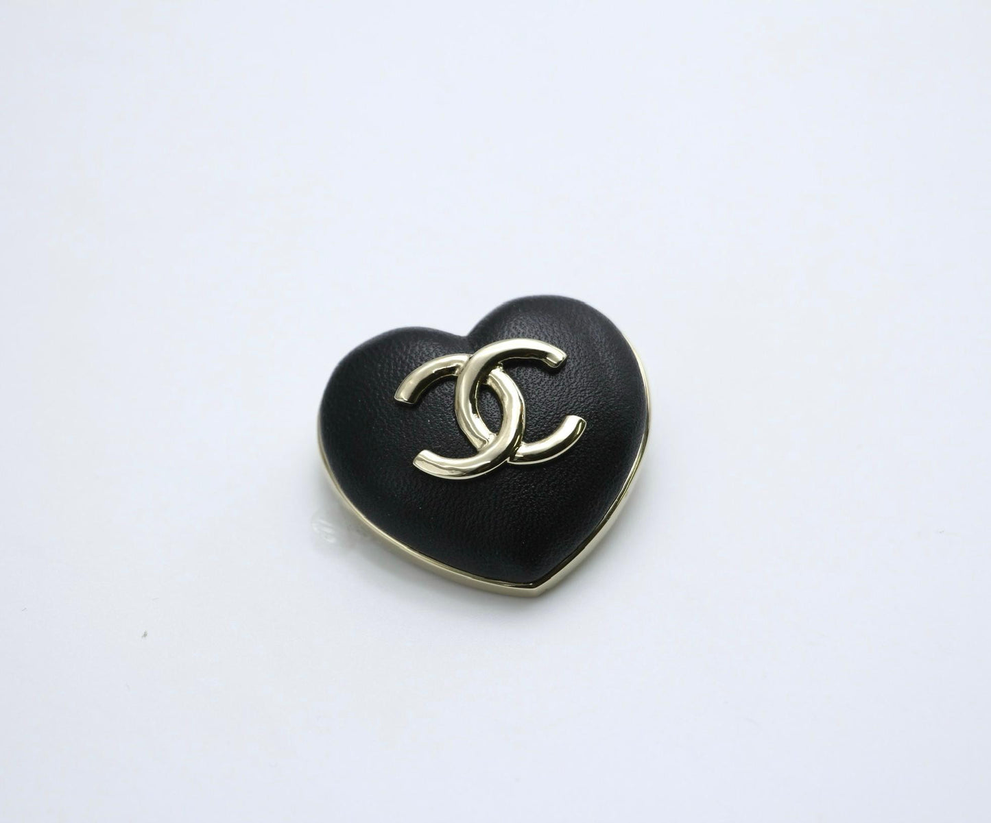 Chanel Vintage 22K Light Gold Metal And Black Leather Heart Brooch